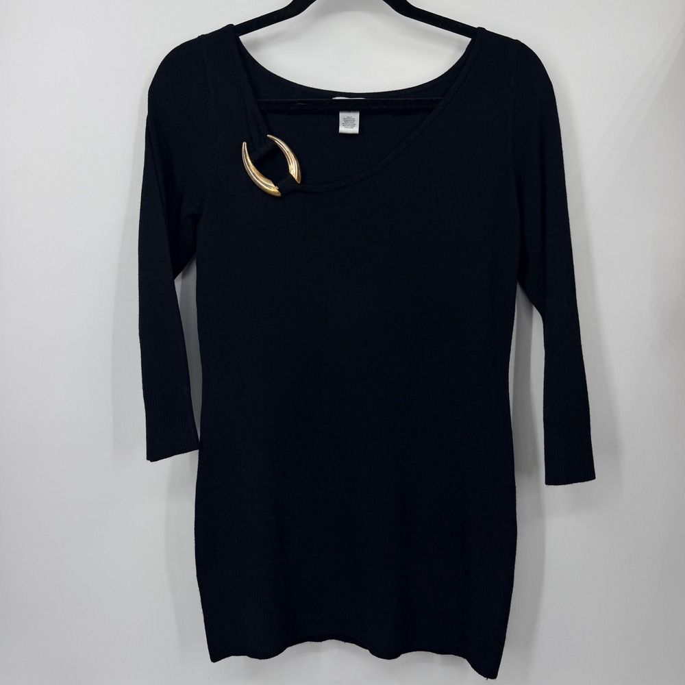 Cache Womens Black Knit Long Sleeve Top Gold Hardware Detail Size M
